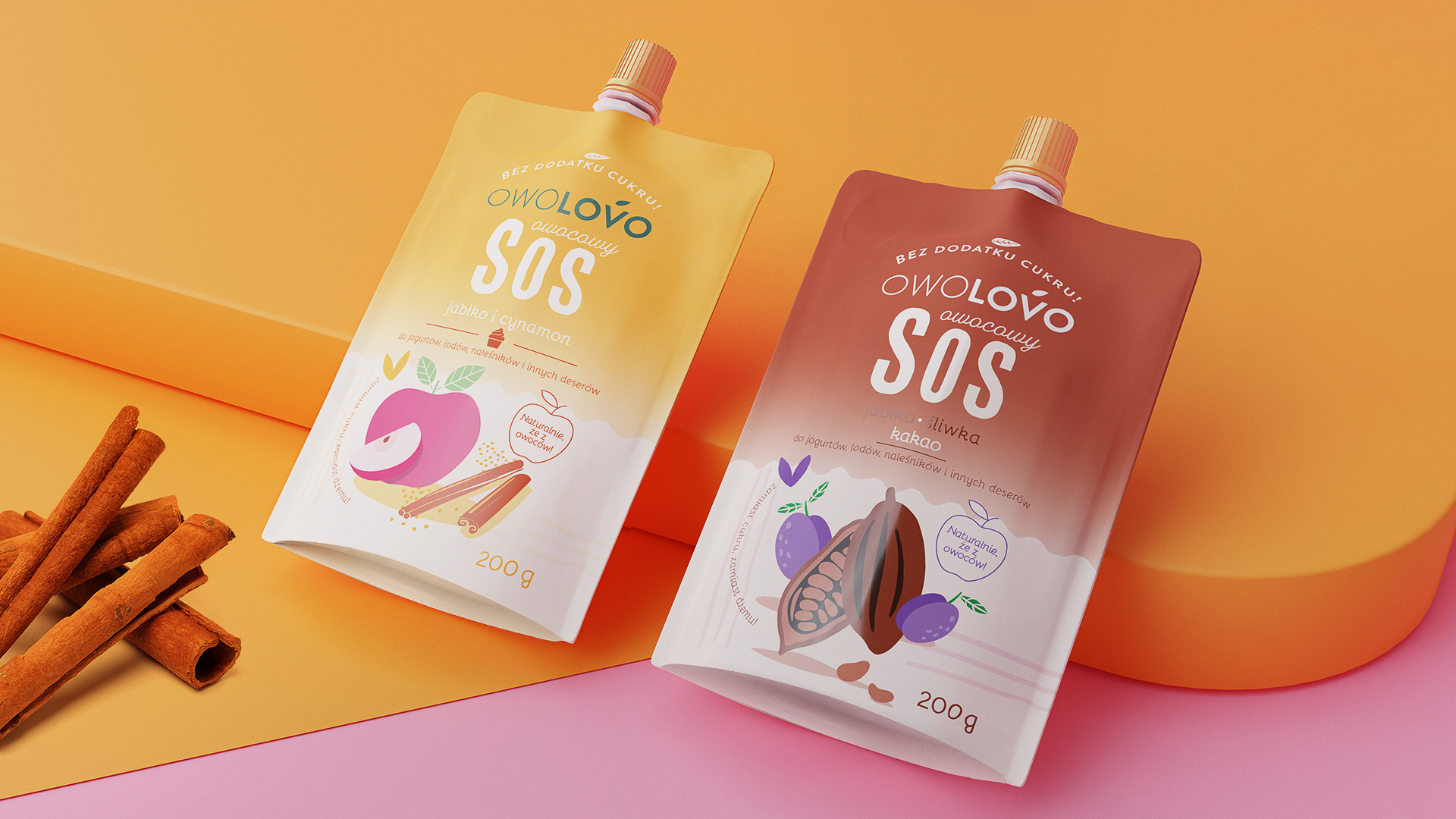 Owolovo - opakowania sosów owocowych w pouchu - jabłko - cynamon i kakao