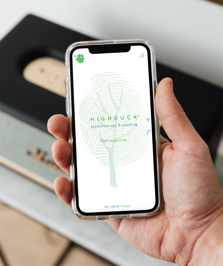 Highduck identyfikacja wizualna - website - zaprezentowanie na ekranie laptopa strony głównej HighDuck; laptop umiejscowiony na brzegu kanapy;