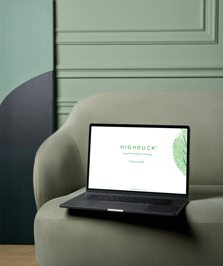 Highduck identyfikacja wizualna - website - zaprezentowanie na ekranie laptopa strony głównej HighDuck; laptop umiejscowiony na brzegu kanapy;