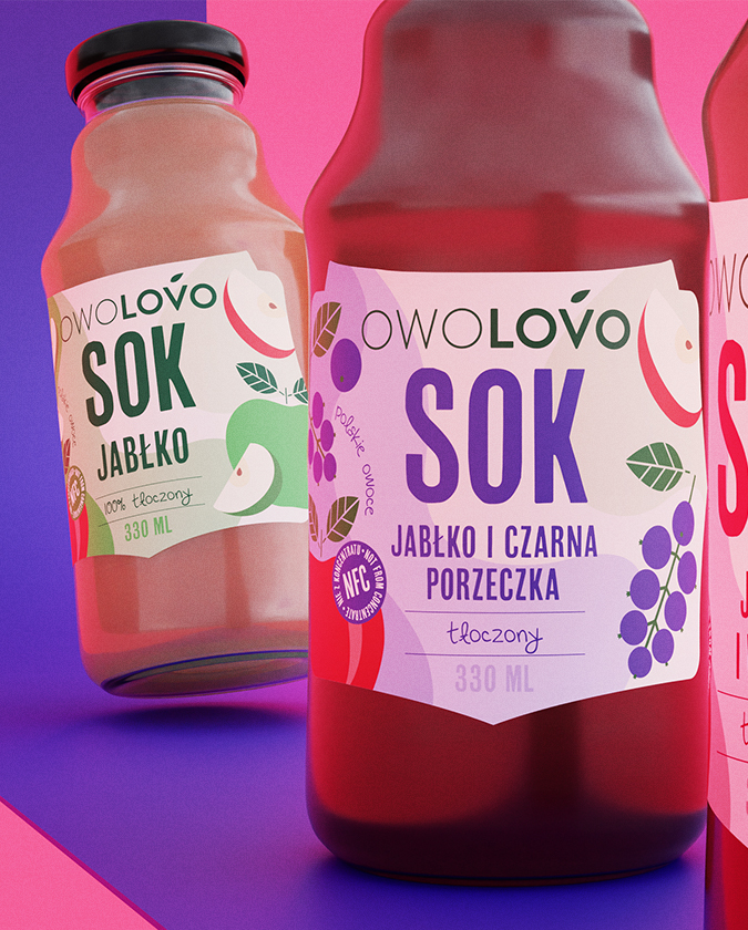 Owolovo - dwie butelki soków NFC - jabłko i czarna porzeczka - prezentacja etykiety i designu owoców