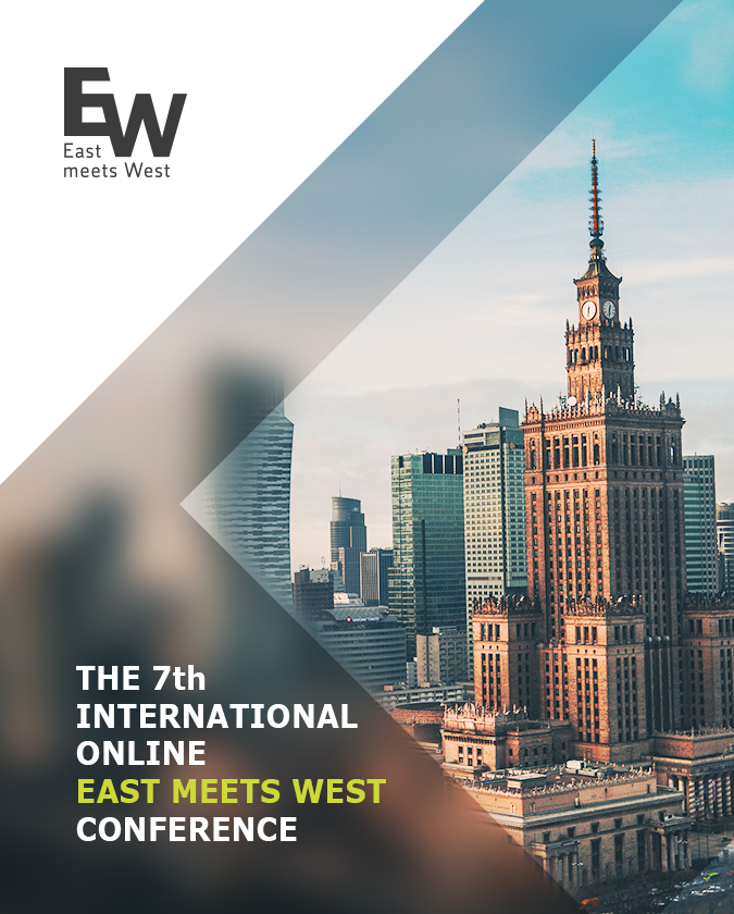East meets West - Oprawa wizualna konferencji na żywo - w tle pałac kultury, w dolnym lewym rogu nazwa konferencji